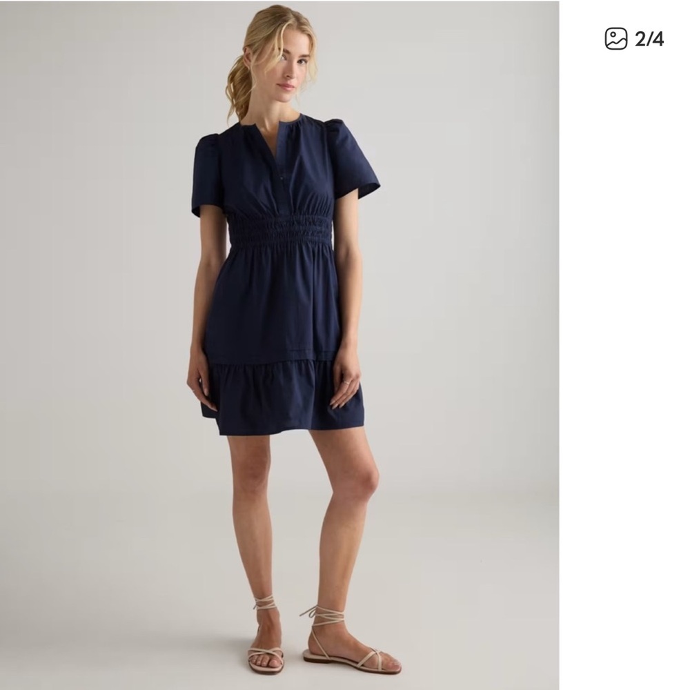 Quince 100% Organic Cotton Poplin Tiered Mini Dress Sz XS NEW Deep Navy
